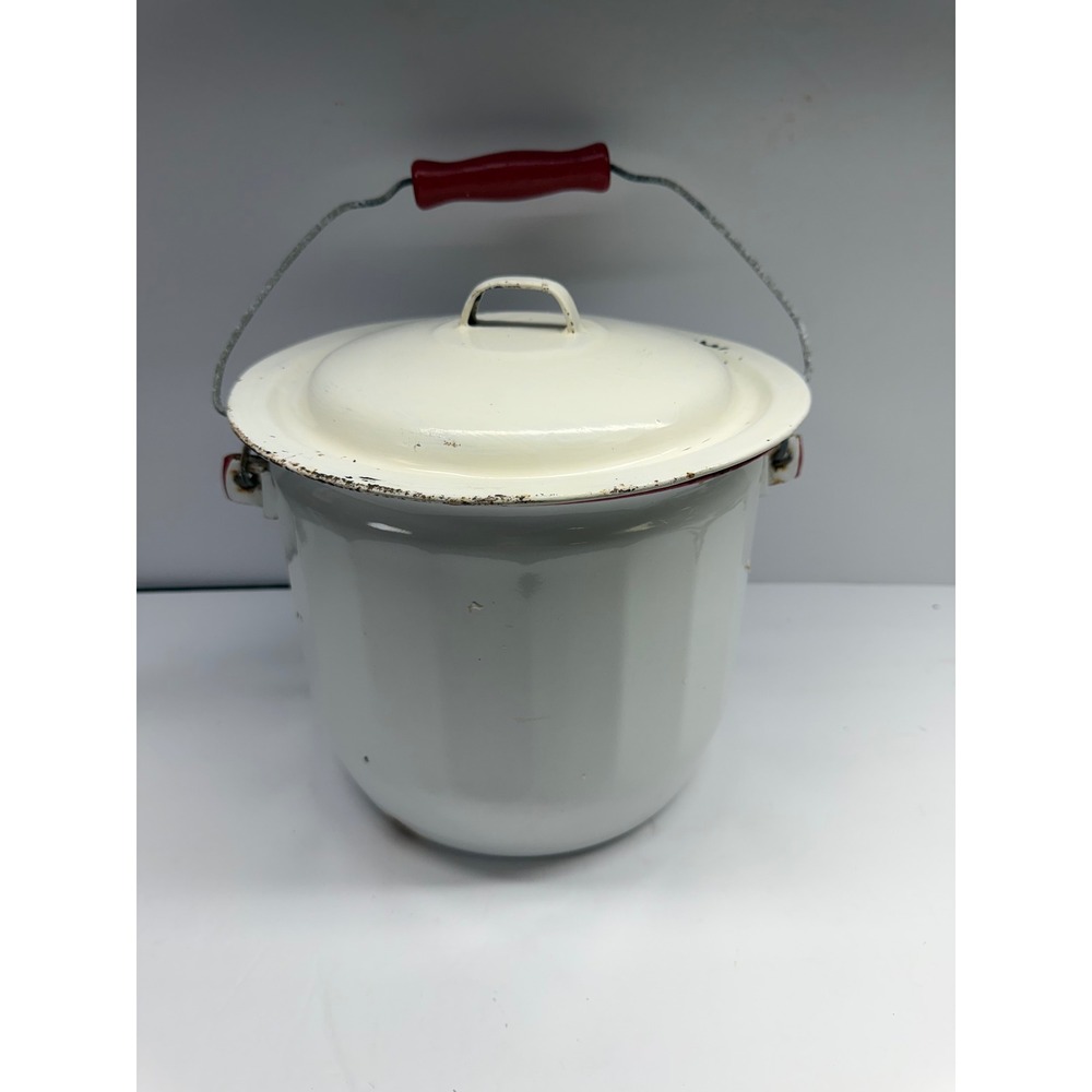 Vintage White Enamelware Lidded Pot Red Trim Wooden Handle Farmhouse Bucket